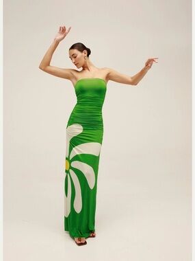Green Strapless Ruched Maxi Dress with White Graphic Print